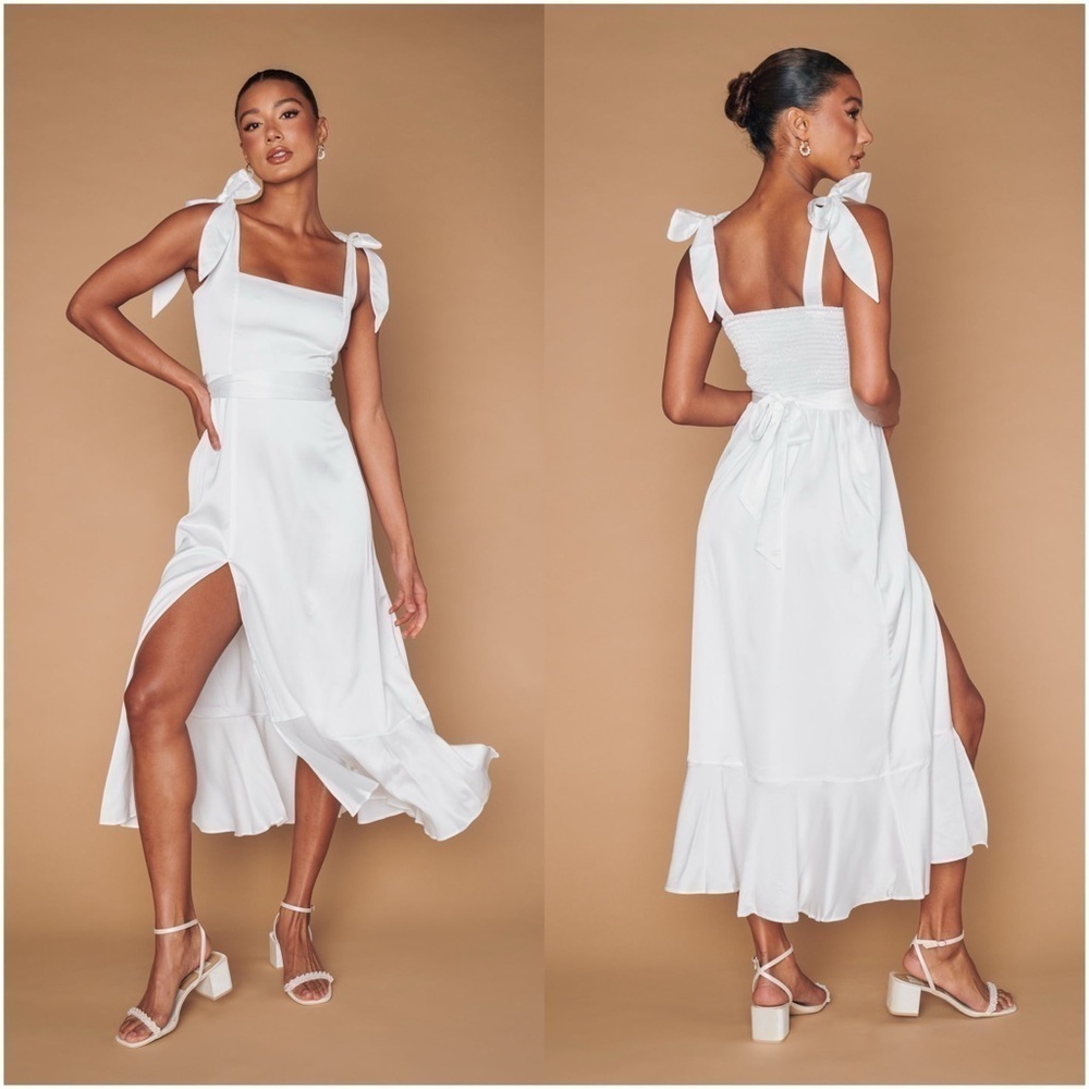 SHOW ME YOUR MUMU Garden Midi Dress In Ivory Luxe Satin